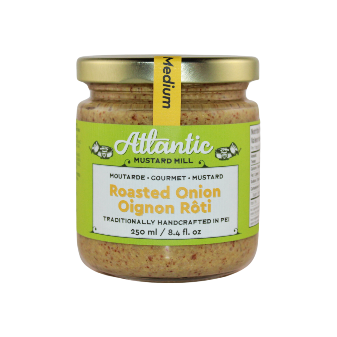 A jar of large roasted onion mustard